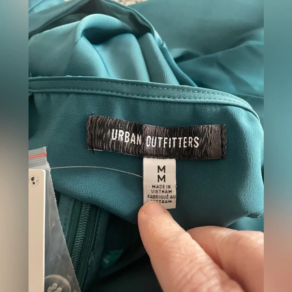 NWT Urban Outfitters Bri Double Bow Satin Mini Dress Teal Medium - Picture 8 of 9